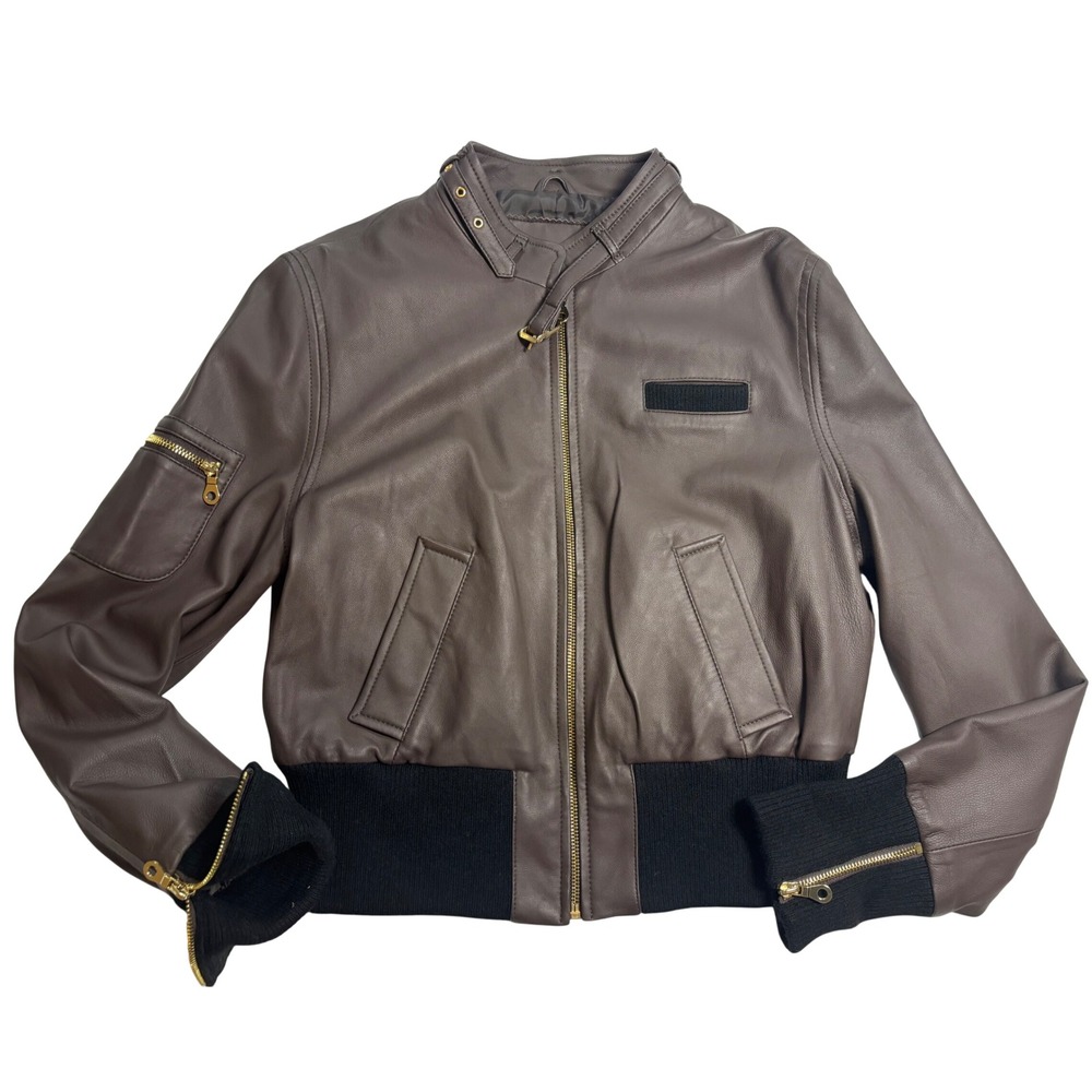 Ecru Bomber Jacket Women Brown Excellent Lambskin Leather Gold Zip Flight L